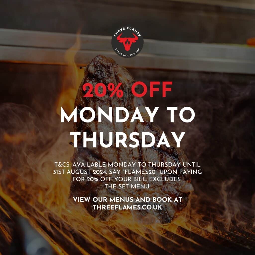 20% off all summer at three flames steakhouse in Wakefield